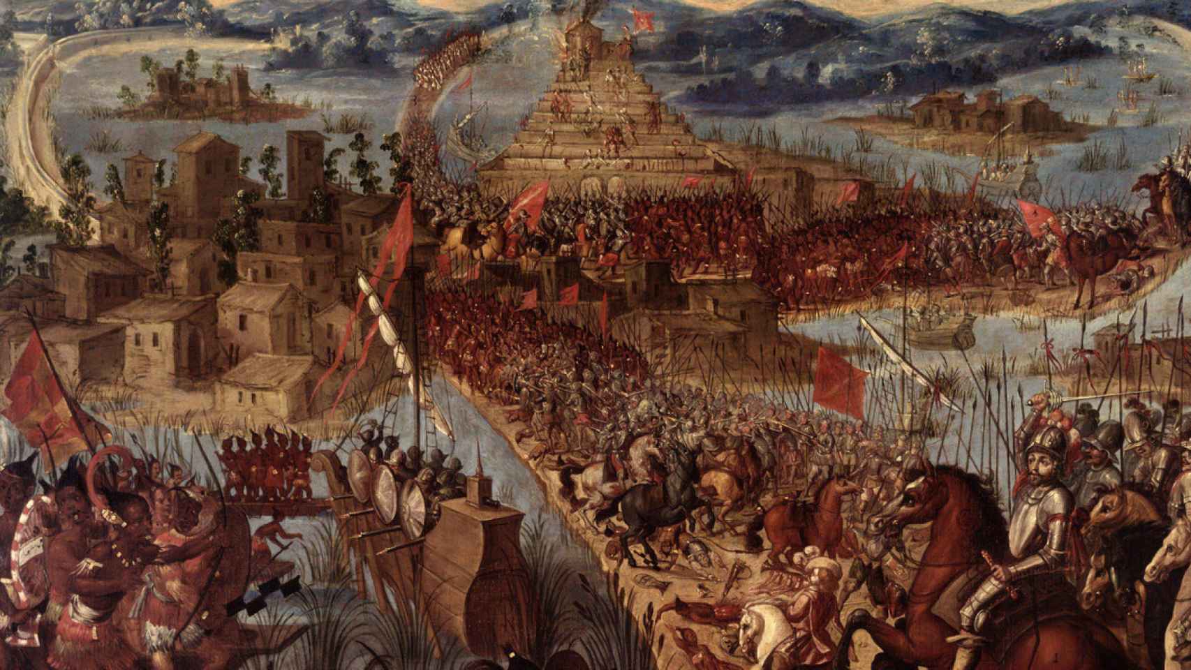 Un lienzo que recrea la conquista de México por Hernán Cortés.