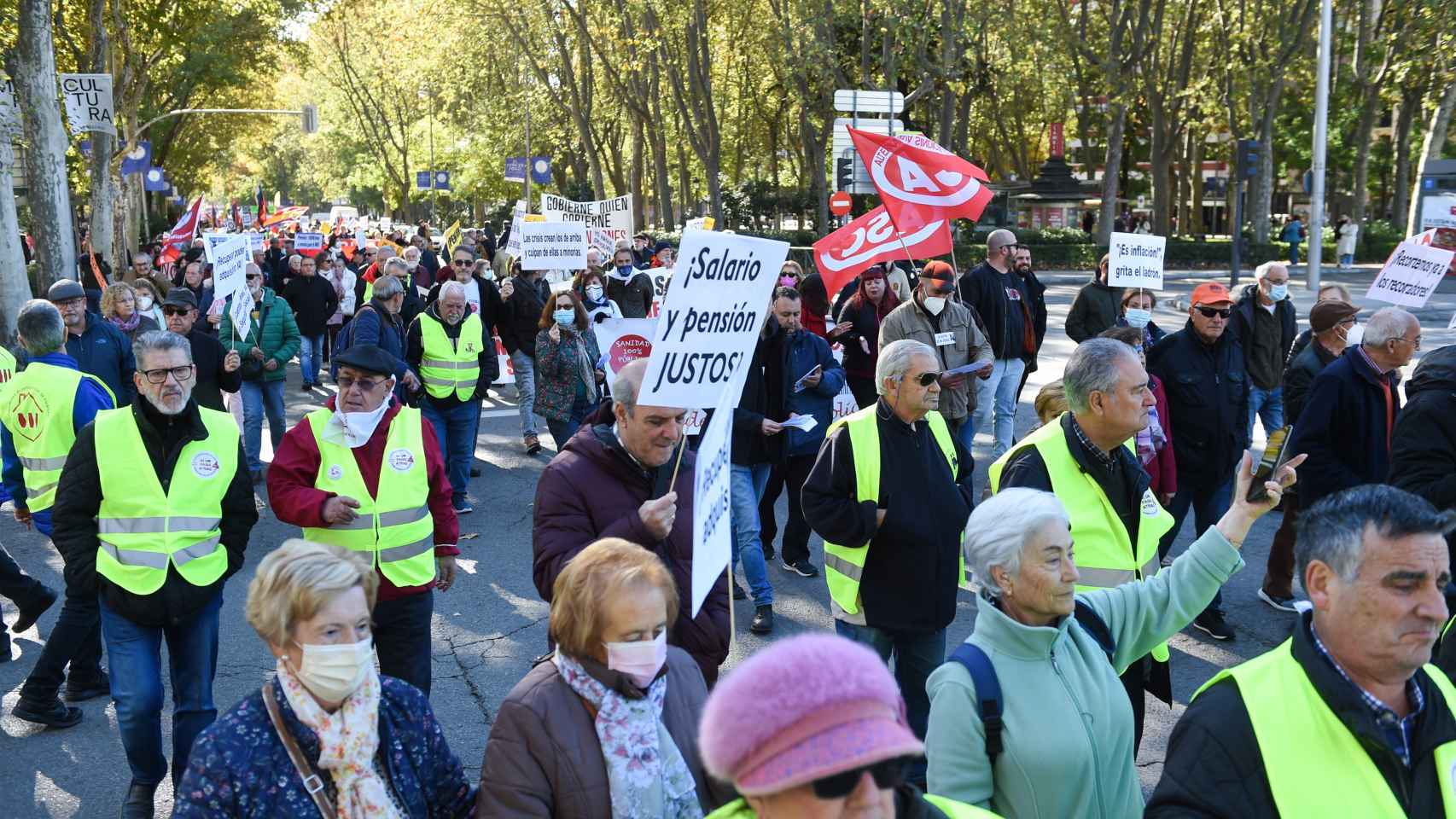 Un grupo de personas en una manifestación para exigir una mejora de las pensiones y de los salarios acordes al IPC real celebrada el 19 de noviembre de 2022 en Madrid.