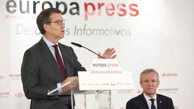 Alberto Núñez-Feijóo, líder del PP, este martes en un desayuno informativo en Madrid.