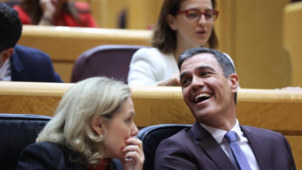 El presidente del Gobierno, Pedro Sánchez, junto a Nadia Calviño en el Senado.