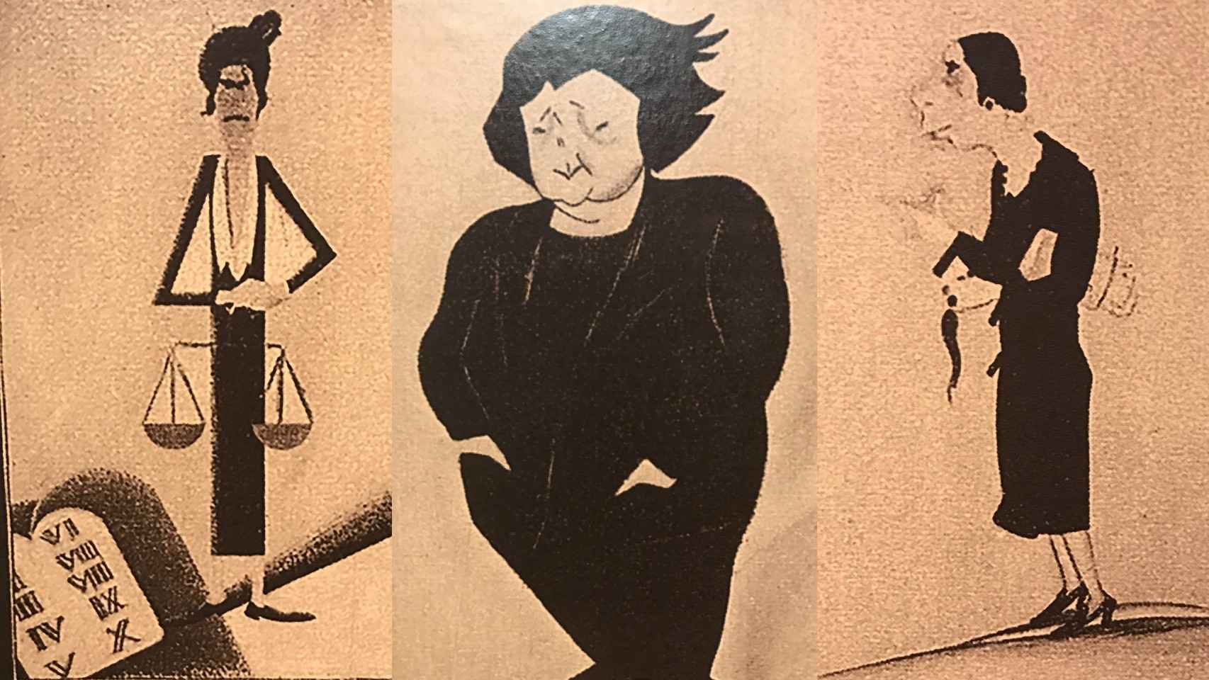 Caricaturas de Mujeres del Lyceum Club. Román Bonet 'Bon' (1927). De izda. a dcha. Victoria Kent, señora de Arcos e Isabel Oyarzábal.