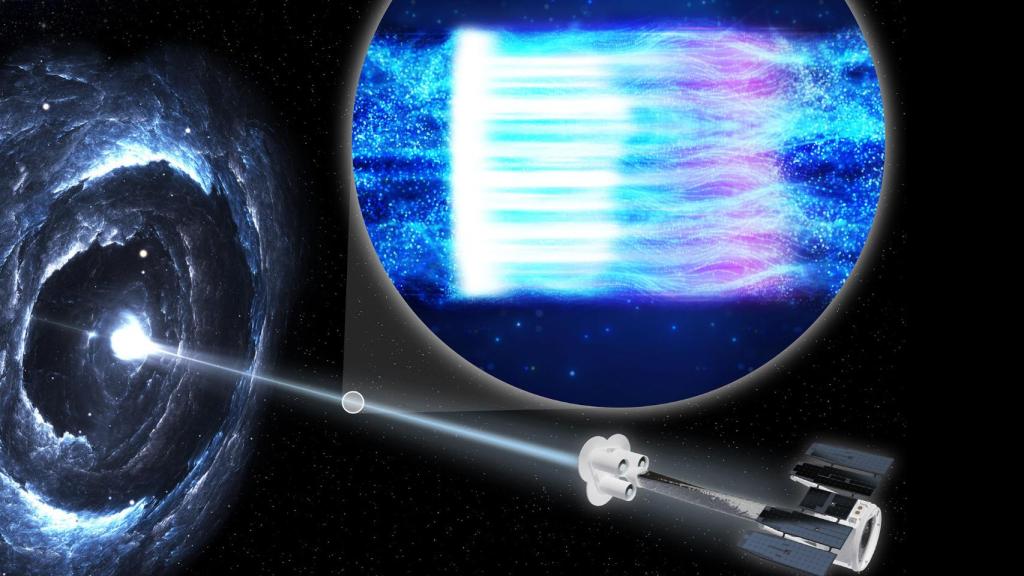 Ilustración que representa a la nave IXPE observando el rayo de energía emitido por el blazar Markarian 501.