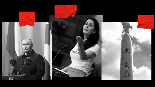 Vladímir Putin, Carla Toscano y modelo de cohete de la ESA.