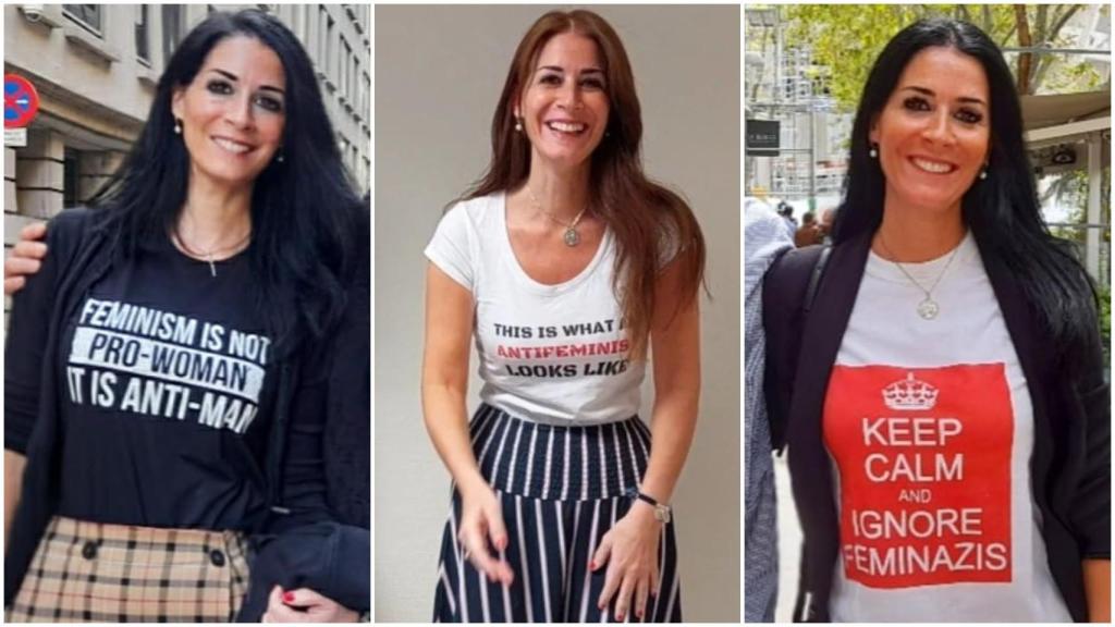 Carla Toscano con tres de sus camisetas personalizadas.