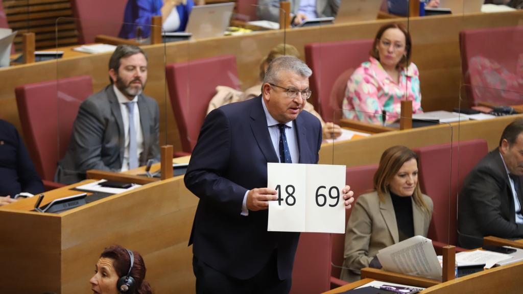 El diputado de Cs Fernando Llopis, sosteniendo un cartel en las Cortes con los días de las listas de espera.