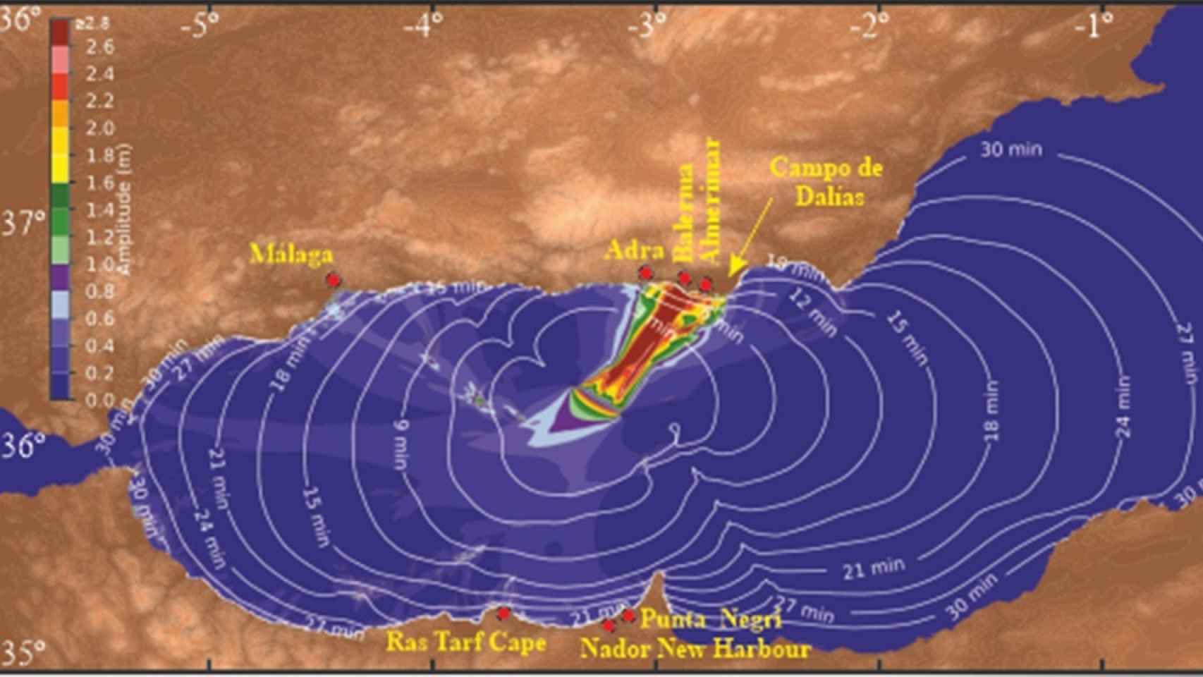 Modelo de propagación del tsunami y áreas del litoral que se verían afectadas.