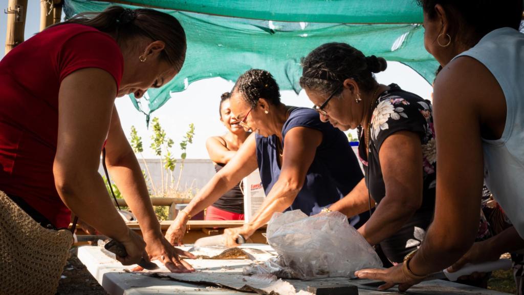 Pescadoras de Honduras recogiendo las pieles del pescado.