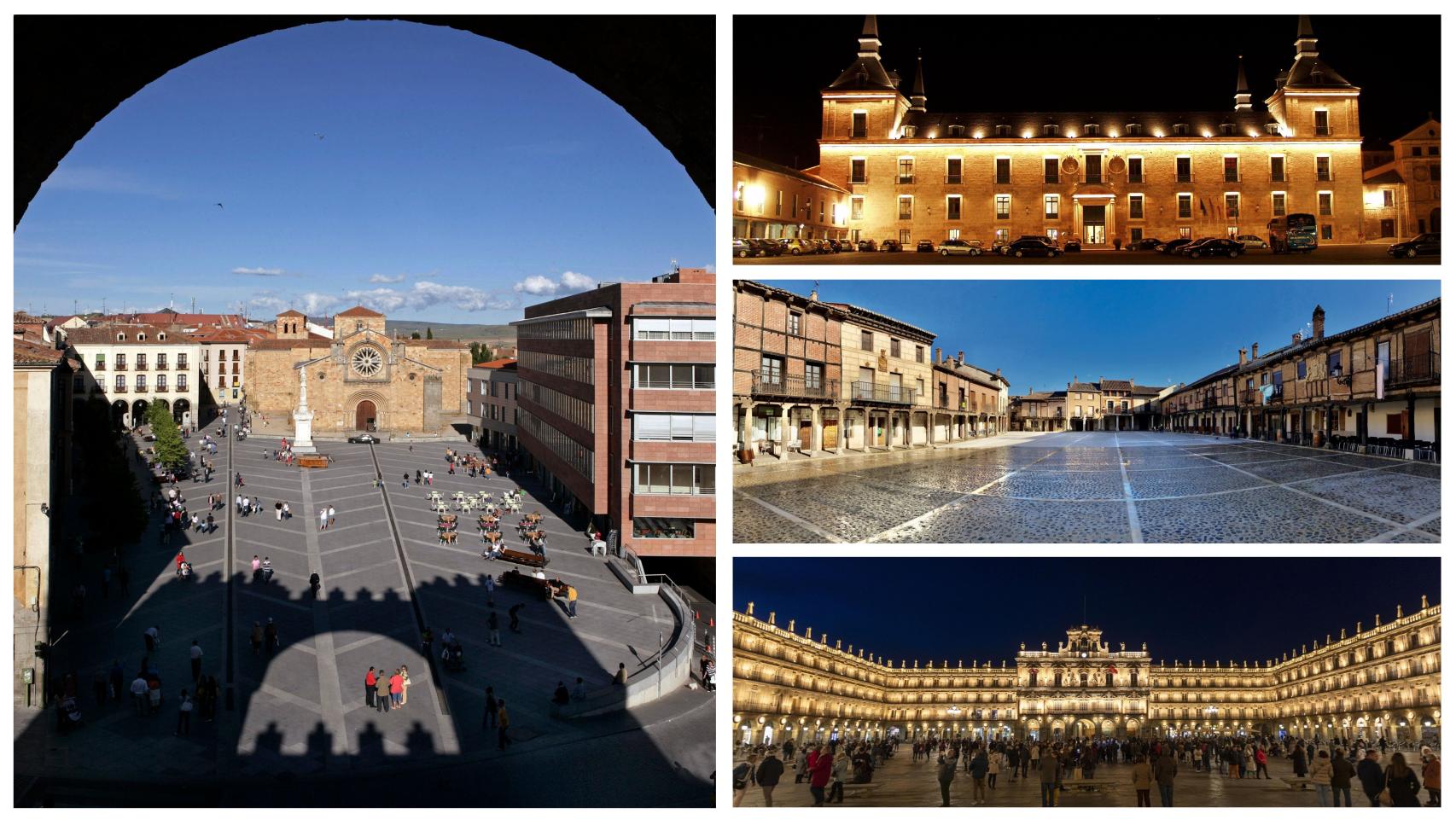 La plaza del Mercado Grande de Ávila, la plaza Ducal de Lerma, la plaza Vieja de Saldaña y la plaza Mayor de Salamanca.