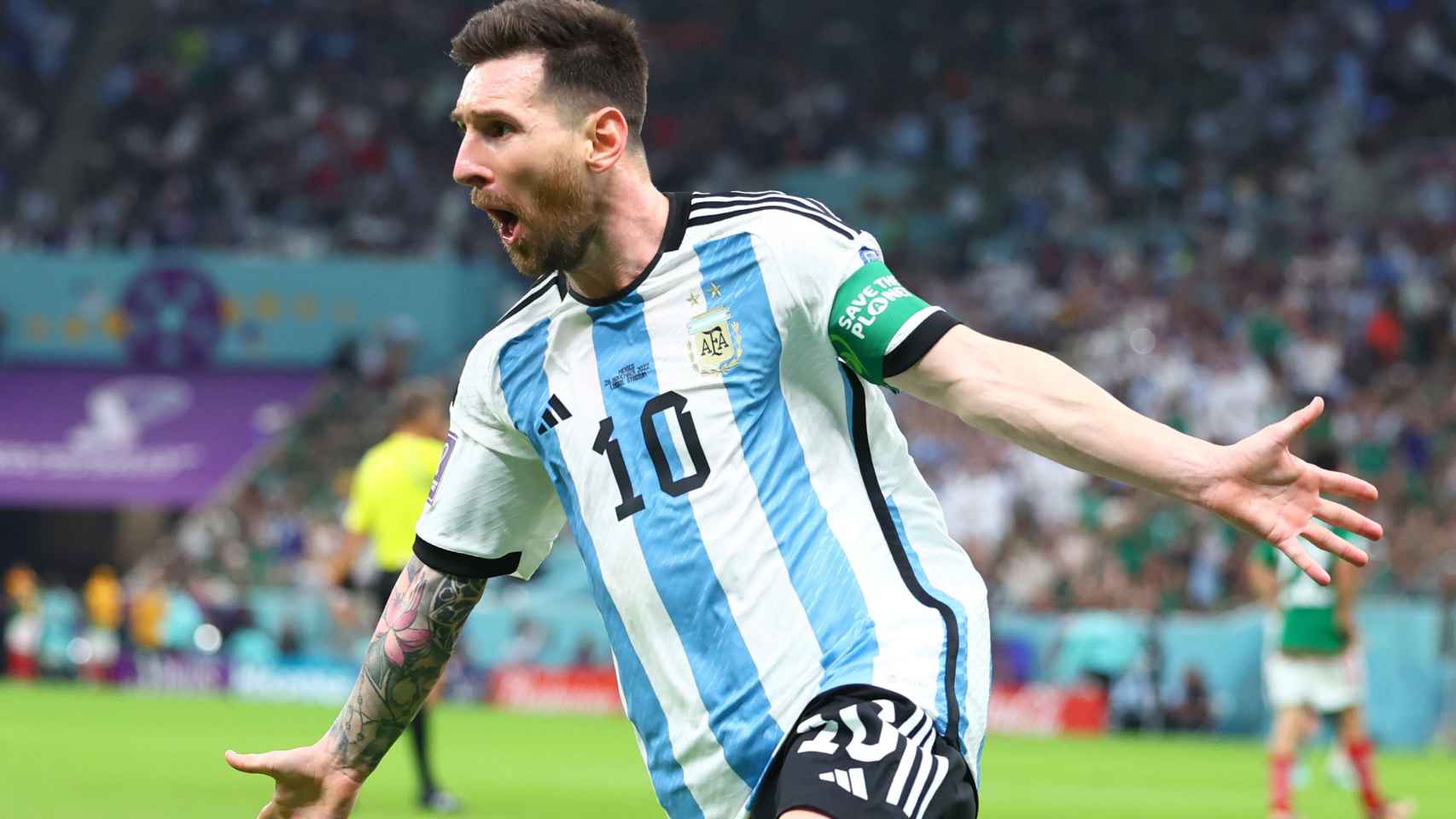 Leo Messi, celebrando  un gol con la selección de Argentina en el Mundial de Qatar 2022