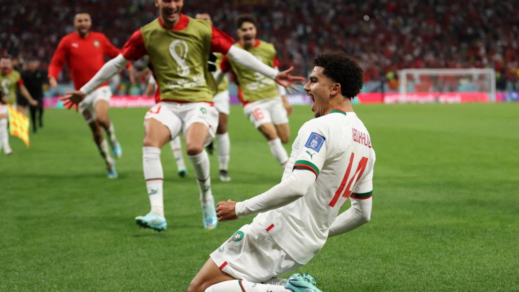 Zakaria Aboukhlal, celebrando su gol para el 0-2 de la selección de Marruecos ante Bélgica en el Mundial de Qatar 2022