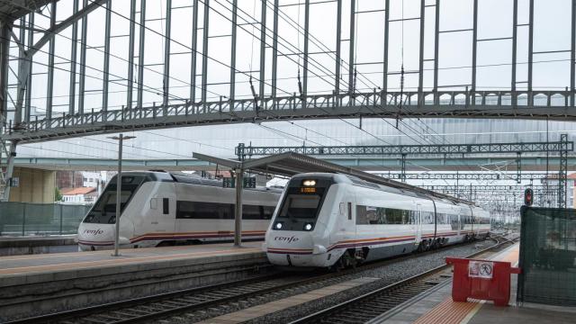 Trenes de cercanías parados en las vías de la estación de trenes.