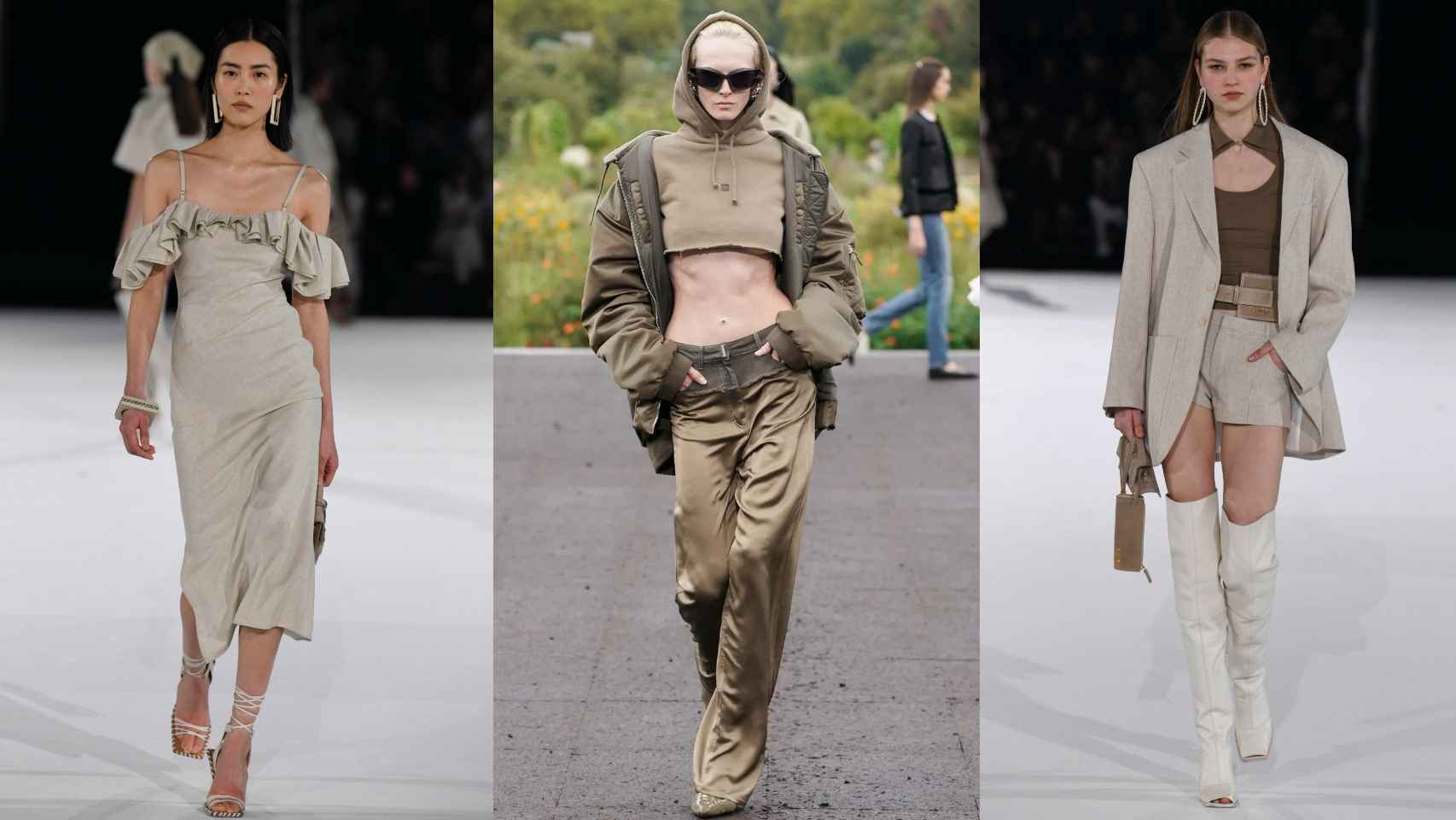 Desfiles de Givenchy (centro) y Jacquemus (lados) durante las fashion weeks 2022