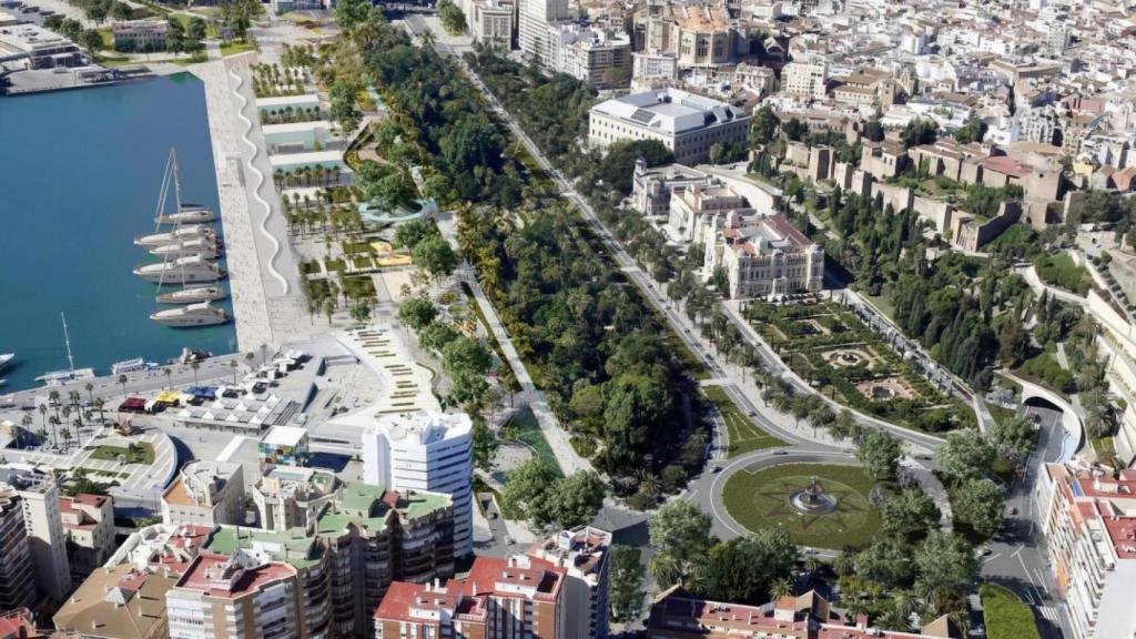 Vista aérea de la zona del Parque y del Centro Histórico de Málaga.