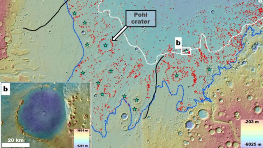 El cráter Pohl, formado en un antiguo lecho oceánico de Marte.