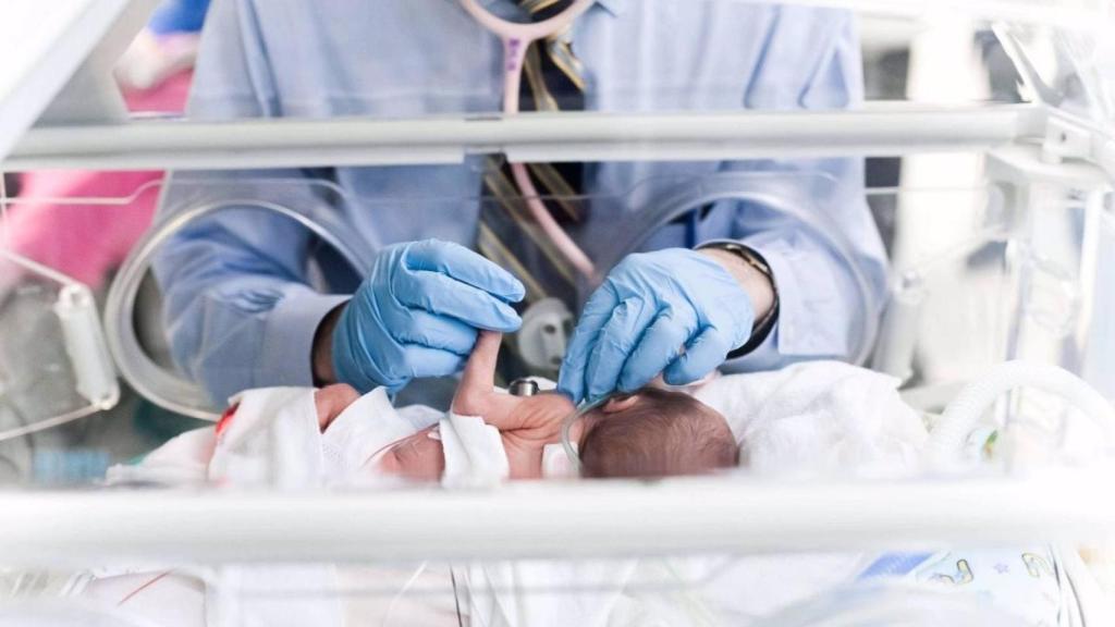 Imagen de archivo de un bebé en una incubadora.