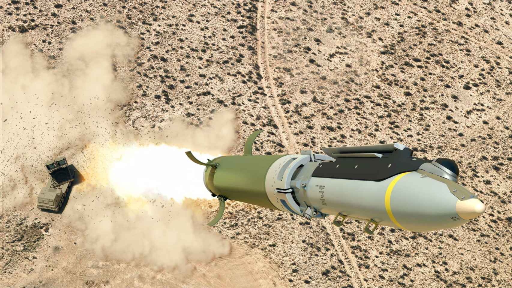 Ilustración de una bomba GLSDB disparada por un lanzacohetes HIMARS