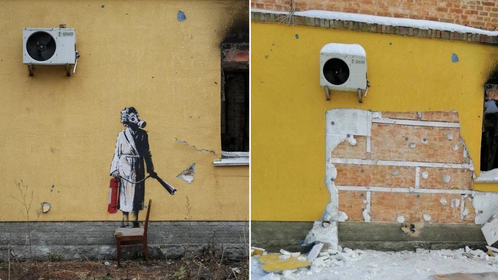 El antes y el después del robo de la obra de Banksy en la ciudad ucraniana de Hostomel. Fotos: Gleb Garanich/Reuters/Policía Nacional de Ucrania