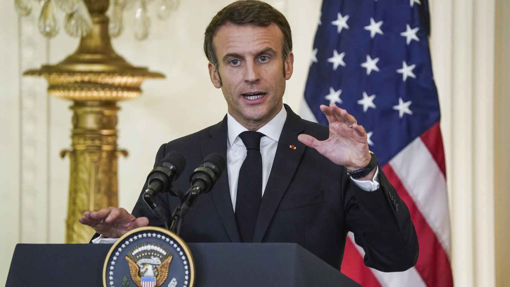 El presidente francés, Emmanuel Macron, el pasado jueves durante una rueda de prensa concedida con Joe Biden, presidente de Estados Unidos, en su visita al país.