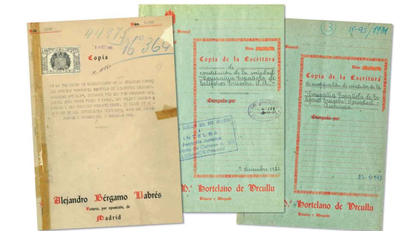 Escrituras de constitución de la Compañía Española de Teléfonos Ericsson S.A. en 1922 y cambio de estatutos en 1931.
