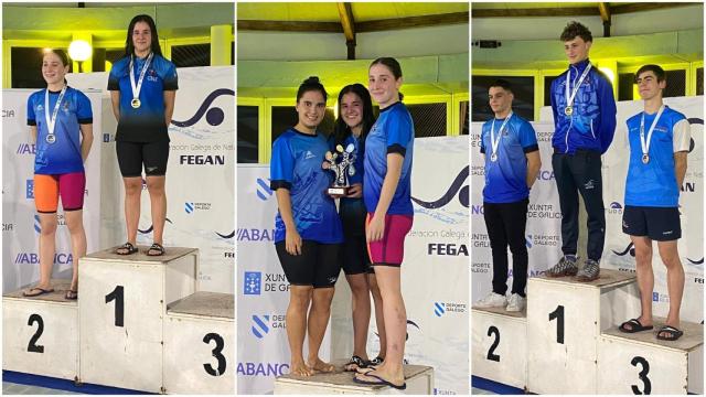 Eva y Carolina (a la izquierda), las campeonas gallegas (en el centro) y Mario y Nicolás, primero y segundo de la imagen de la derecha.