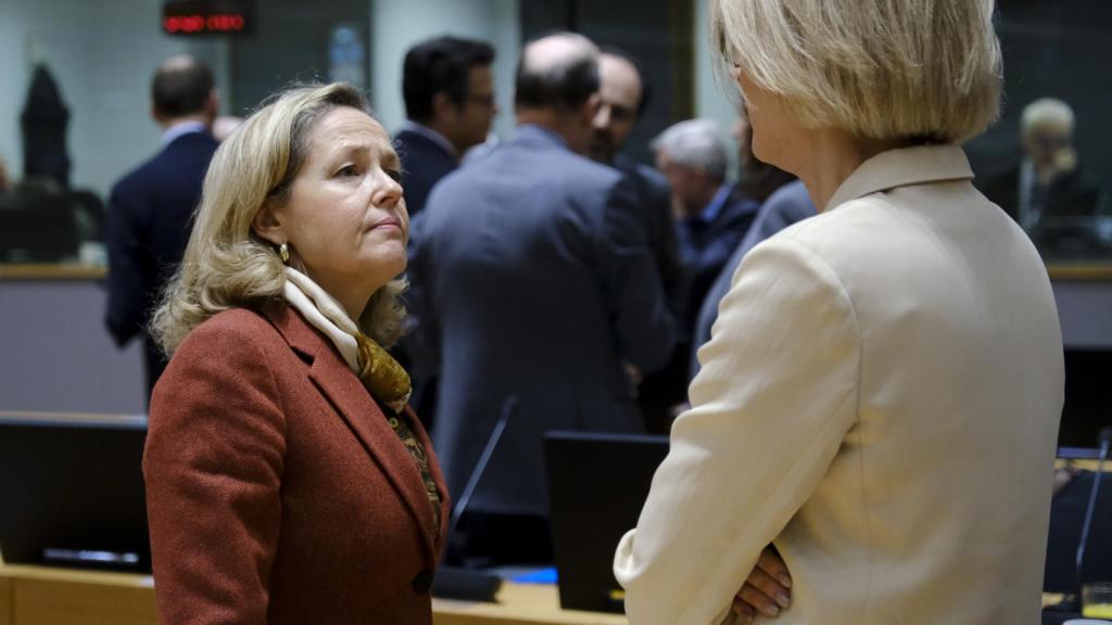 La vicepresidenta Nadia Calviño, durante el Ecofin de este martes en Bruselas