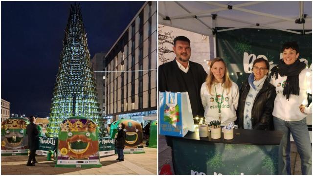 El árbol de vidrio encendido, y Germán Fernández de Ecovidrio con Esther Fontán, concejala de Medio Ambiente de A Coruña, junto a dos voluntarias