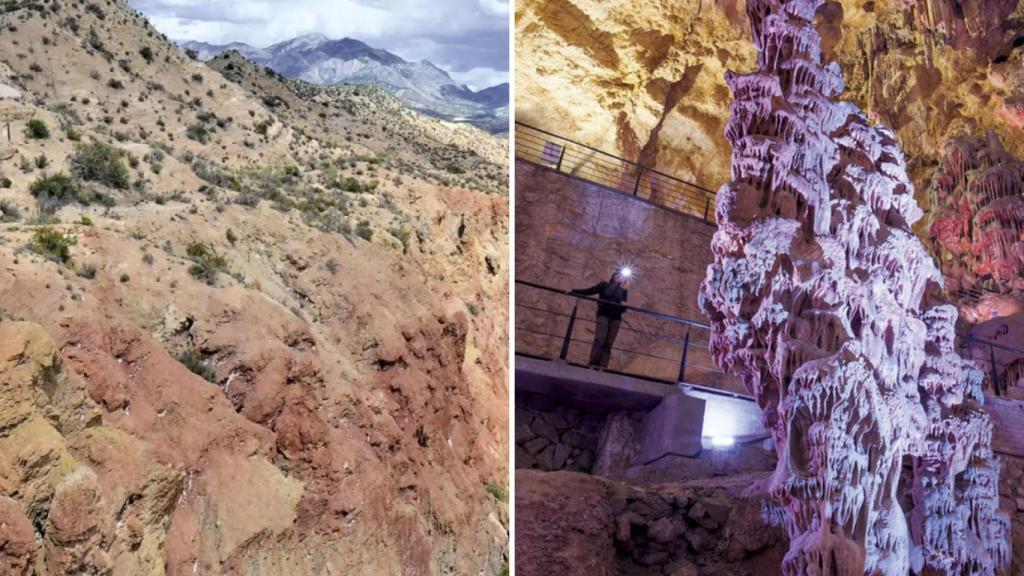 A la izquierda, los badlands del río Monnegre; y a la derecha, las cuevas del Canelobre (Busot).