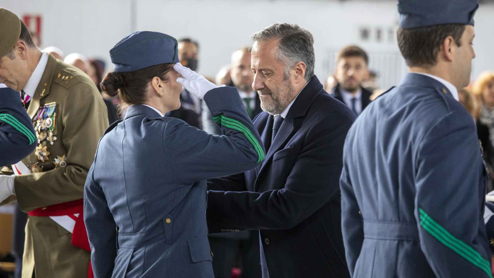 El presidente de las Cortes de Castilla y León, Carlos Pollán, asiste al acto de celebración de la Patrona del Ejército del Aire y del Espacio, Nuestra Señora de Loreto, en la base aérea de Matacán