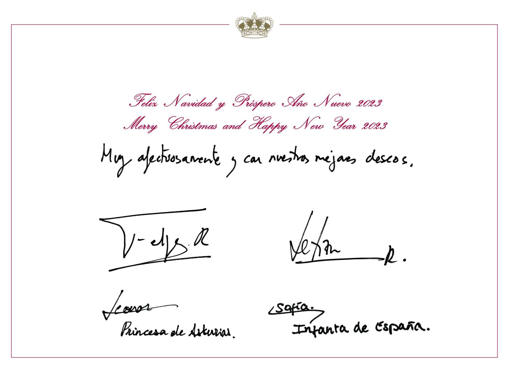 Felicitación de Navidad con la firma de los Reyes y las infantas Leonor y Sofía.