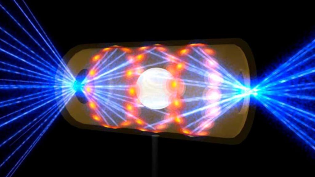 Recreación del experimento que ha logrado una reacción de fusión con ganancia energética.