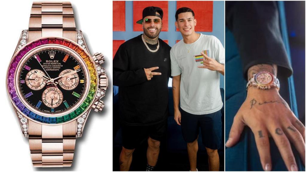 Nicky Jam y Gio Rosado junto al Rolex del cantante.