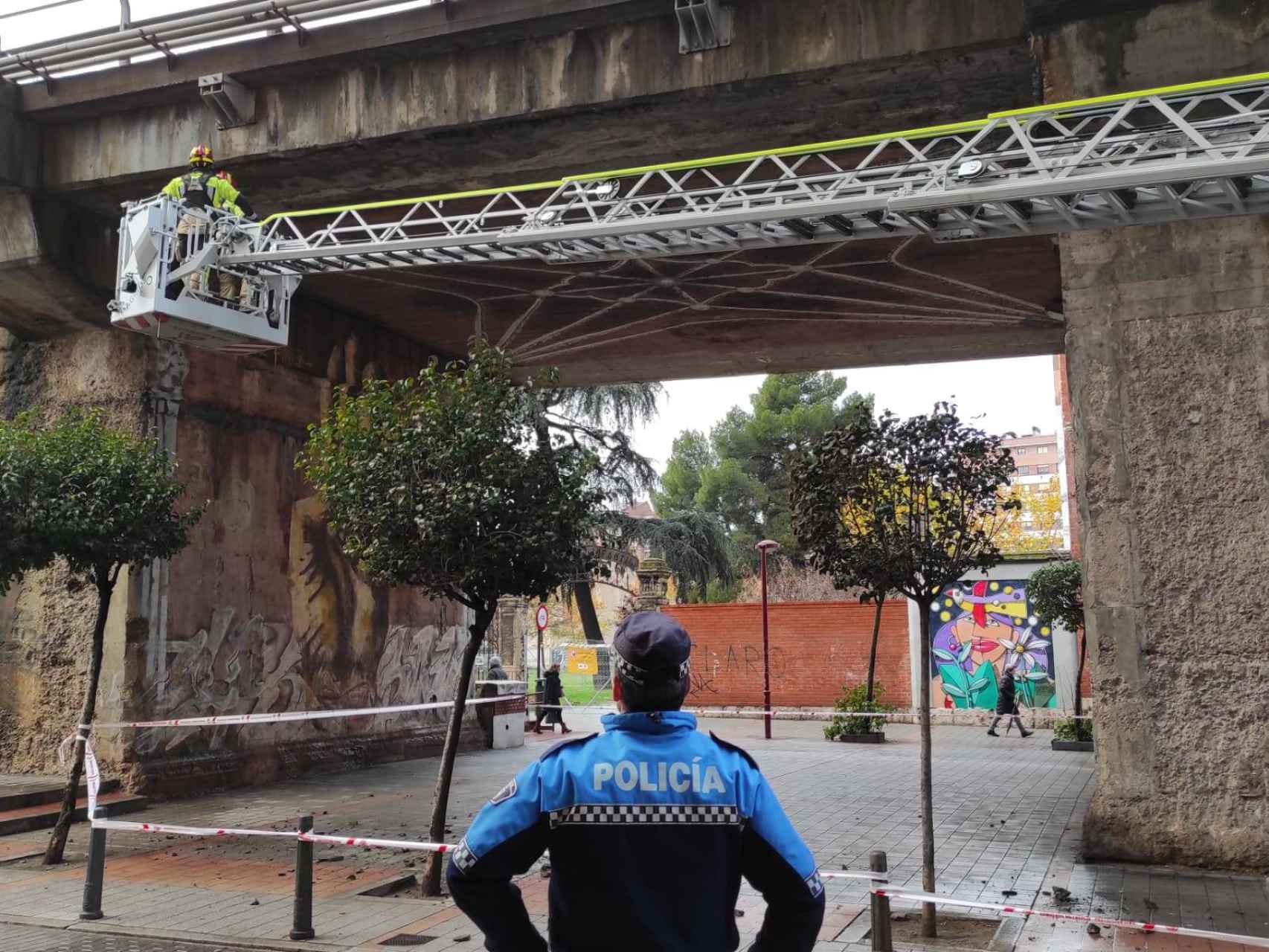 Imagen de la actuación de los Bomberos junto a la Policía Local en el viaducto de Arco de Ladrillo