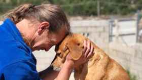 Uno de los voluntarios de la Protectora de Animales de La Nucía junto a uno de los perros.