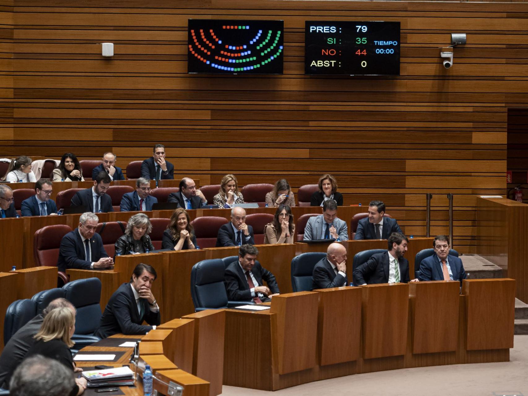 Parte de la bancada del Gobierno autonómico y del Grupo Popular en la sesión plenaria de este jueves en las Cortes.