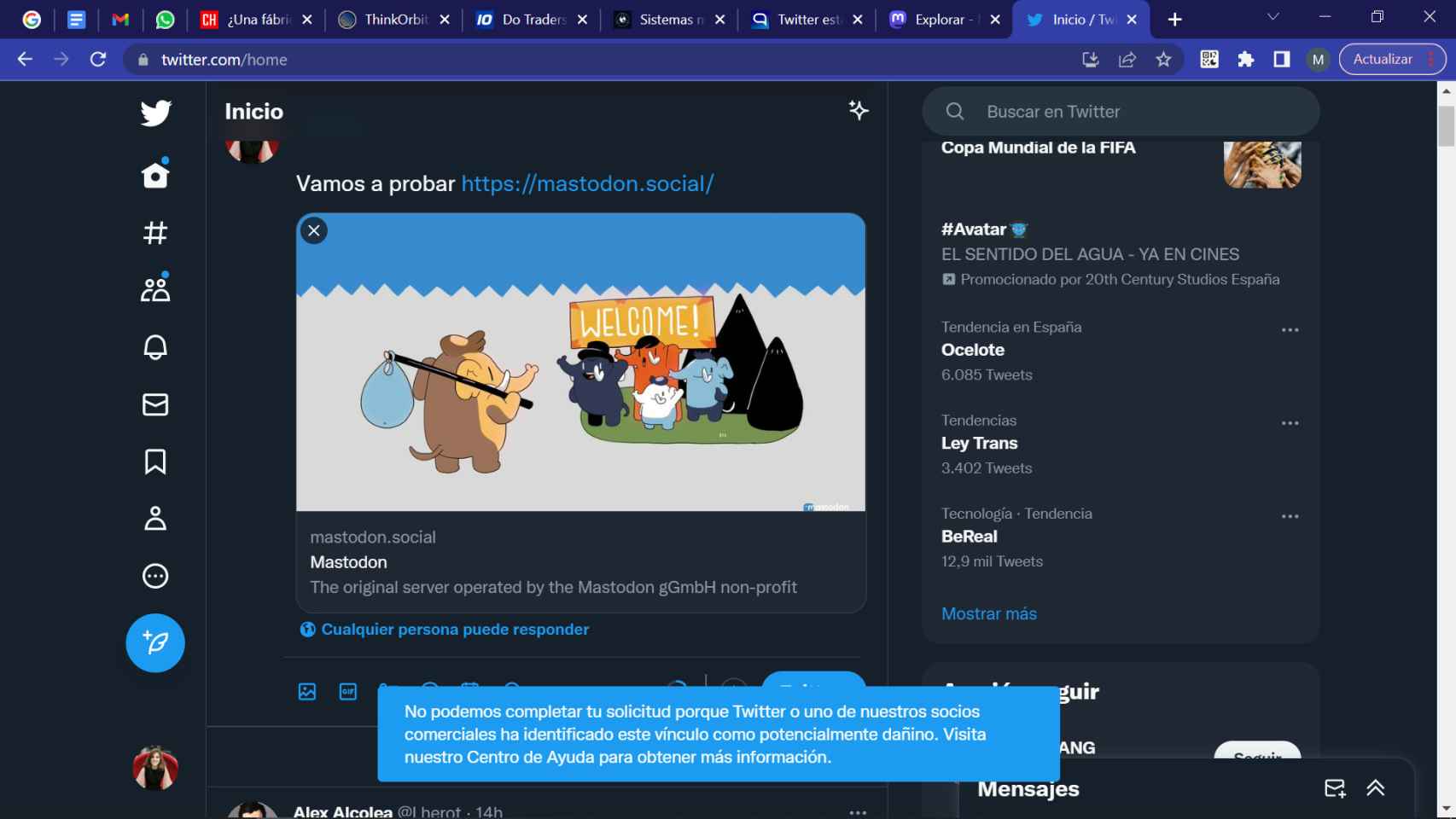 Captura de la prohibición de Mastodon en Twitter
