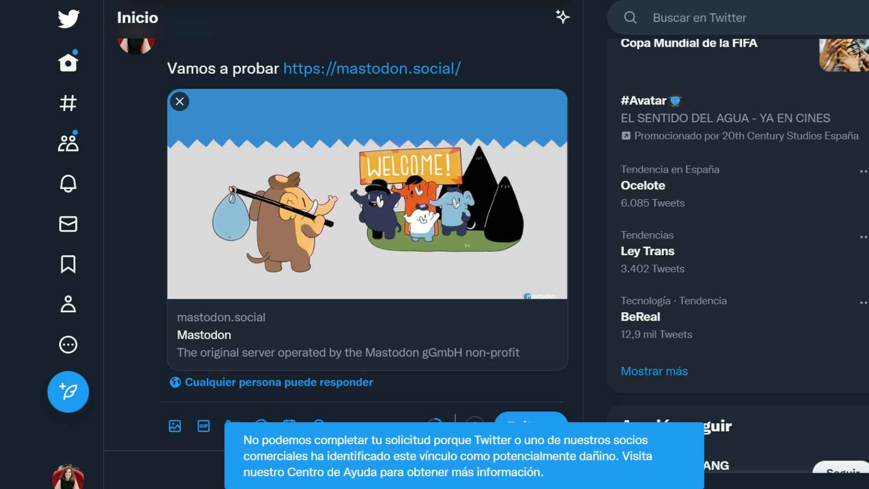 Captura de la prohibición de Mastodon en Twitter