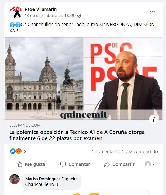 La publicación del PSOE de Vilamarín en Facebook
