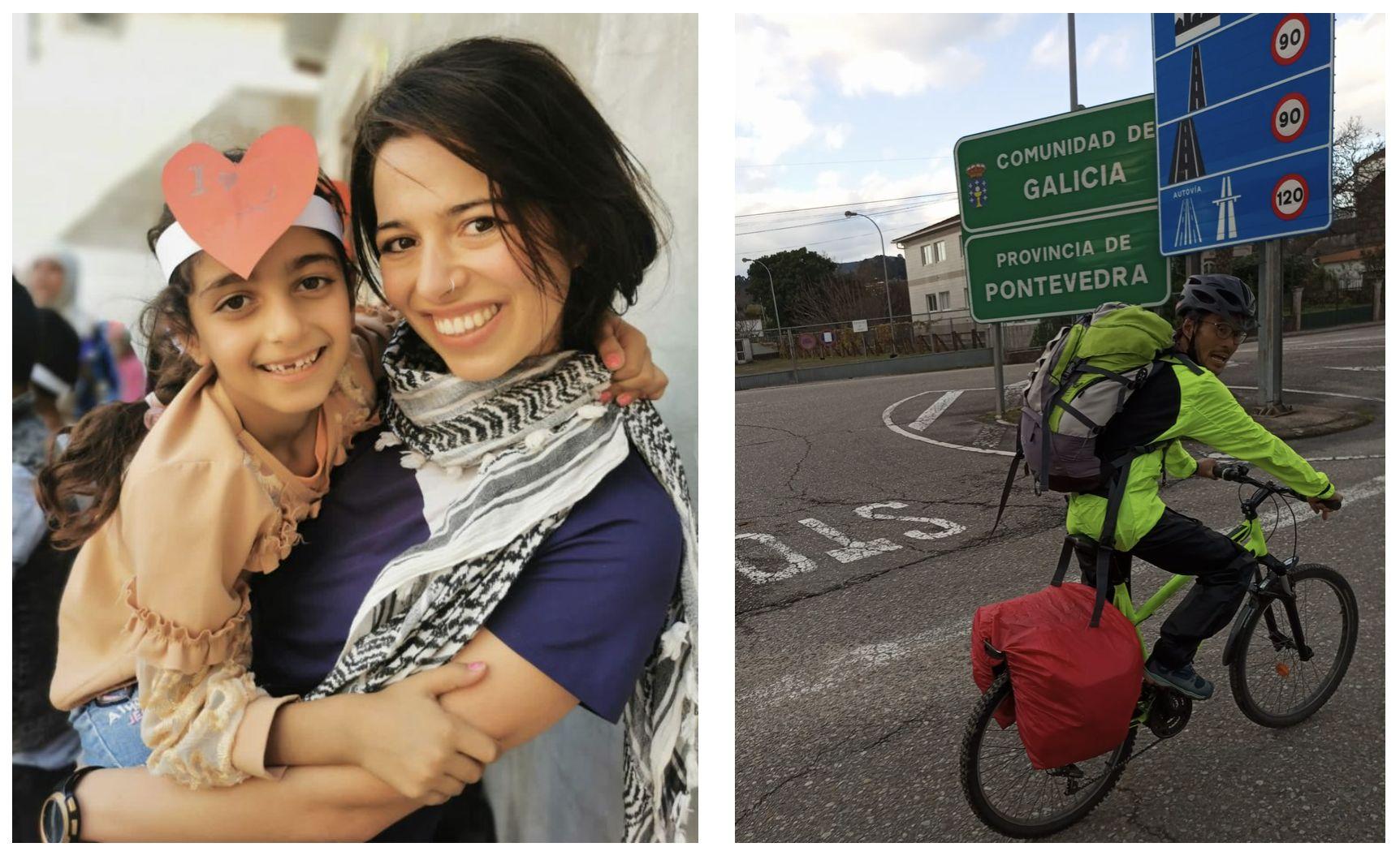 A la izquierda, Cris con una alumna siria de la escuela de Líbano. A la derecha, Yoshi realizando parte de El Camino en bici.