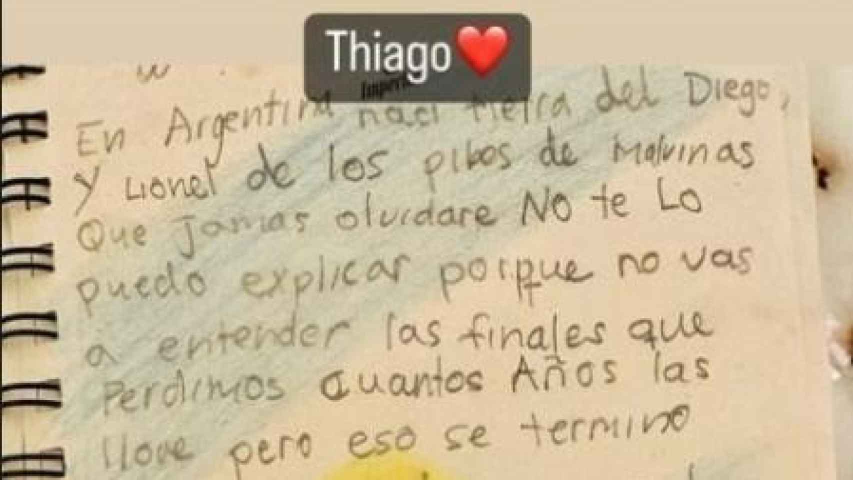La carta de Thiago Messi a su padre Leo.