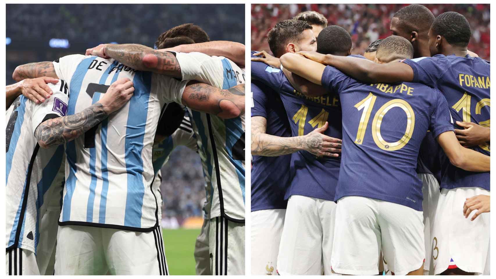 Jugadores de Argentina y Francia, celebrando un gol durante el Mundial de Qatar 2022