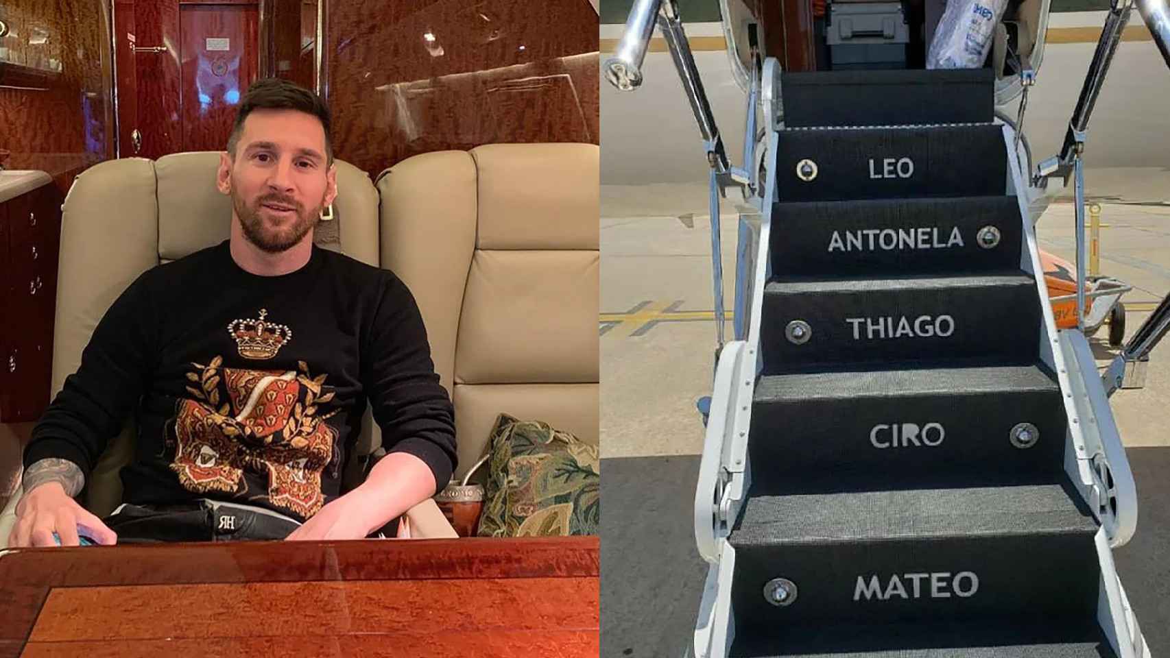 Messi en su Gulfstream V y las escaleras del avión con los nombres de su mujer y sus hijos