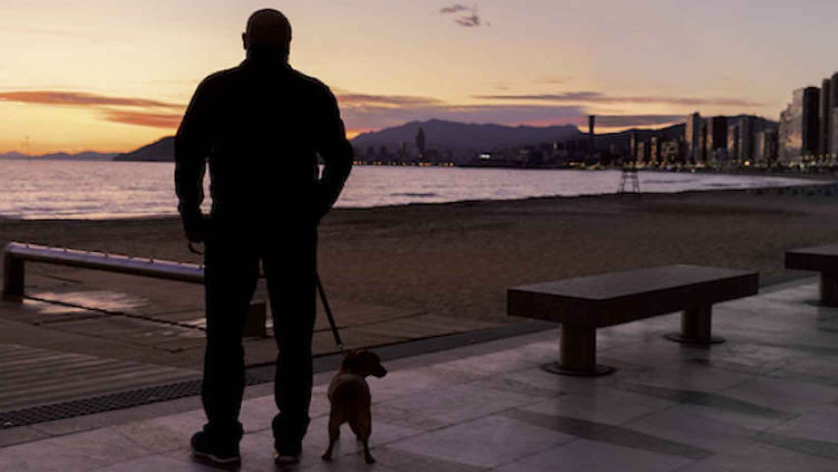 Un hombre pasea a su perro por Benidorm.