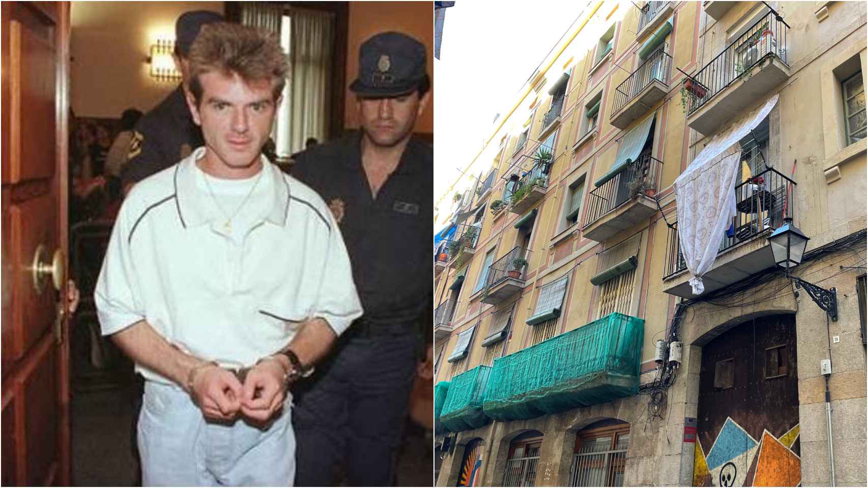 Miguel Ricart, cuando fue detenido tras el crimen de Alcàsser. A la derecha, fachada del edificio del Raval donde operaba el narcopiso.