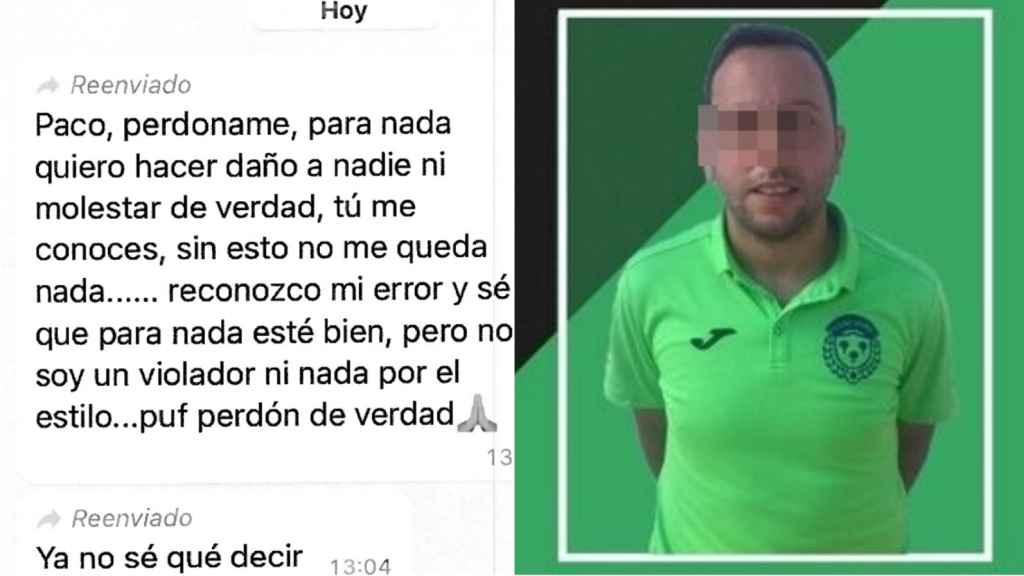 Miguel, el entrenador del EDMF Churra detenido por la Policía Nacional por supuestas agresiones sexuales a menores, junto a un mensaje de WhatsApp que envió al club tras ser destituido.