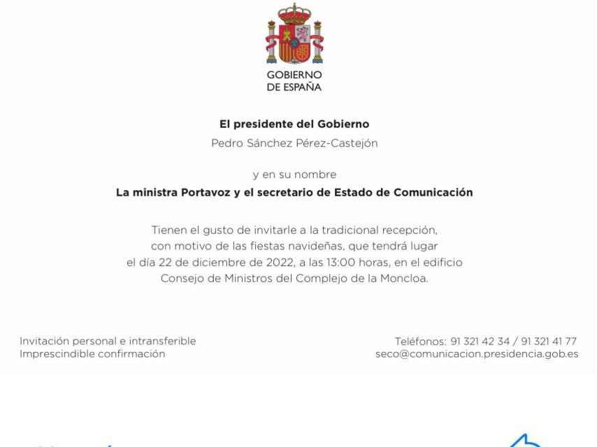 Invitación para la recepción de Navidad en la Moncloa