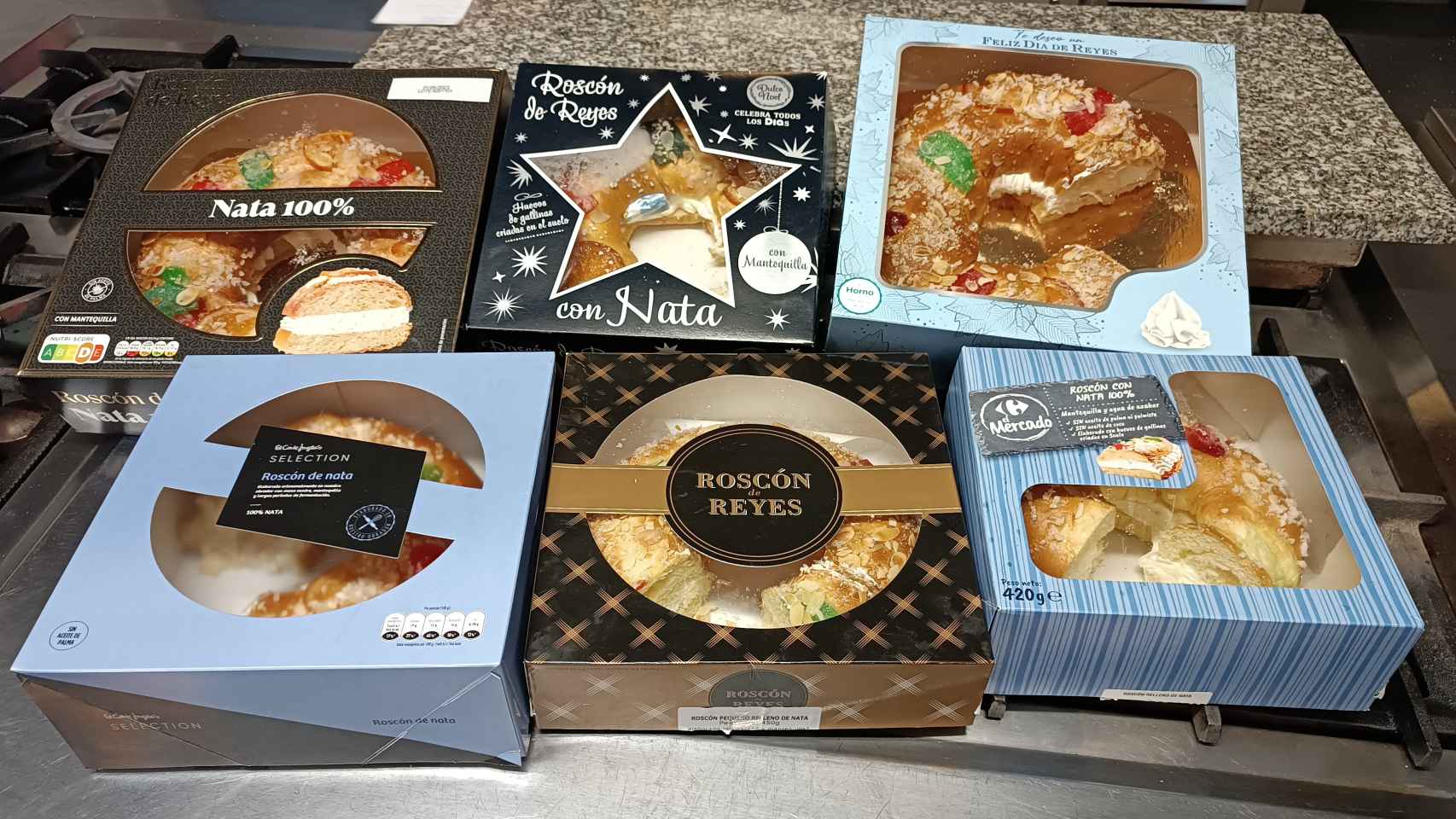 Los seis roscones de Reyes de los supermercados probados durante la cata.
