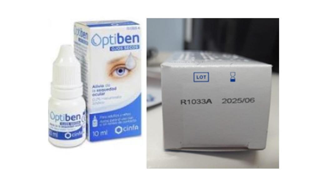 Posición del número de lote en el envase de Optiben Ojos Secos 10 ml.