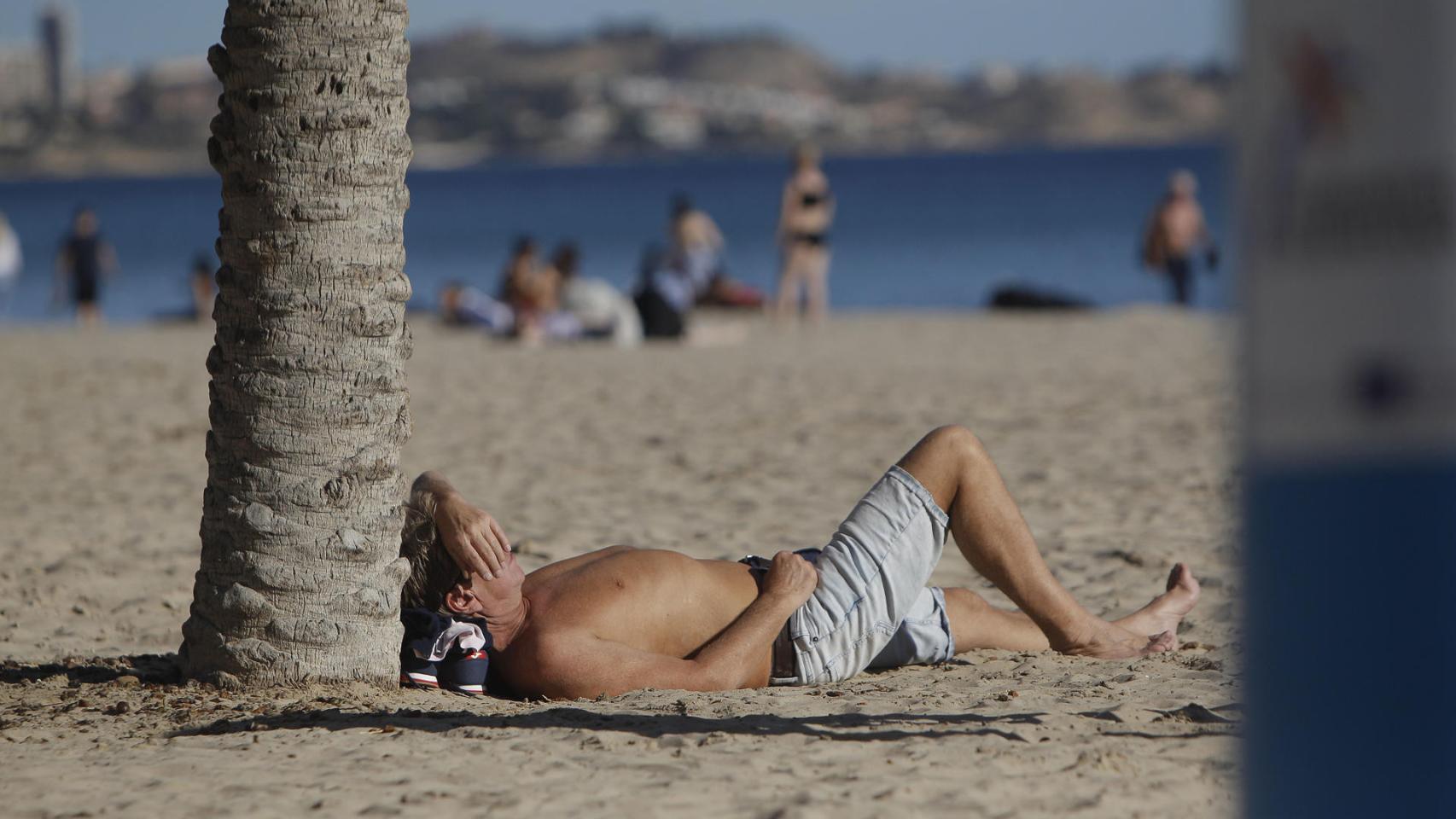 Una persona toma el sol bajo una palmera en la playa alicantina del Postiguet, este jueves.