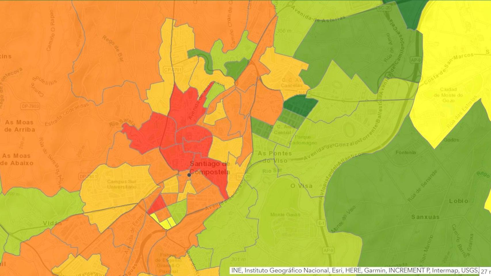 Mapa de las viviendas de uso turístico en Santiago