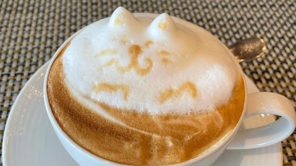 Una café sobre el que se ha dibujado un gato con espuma.